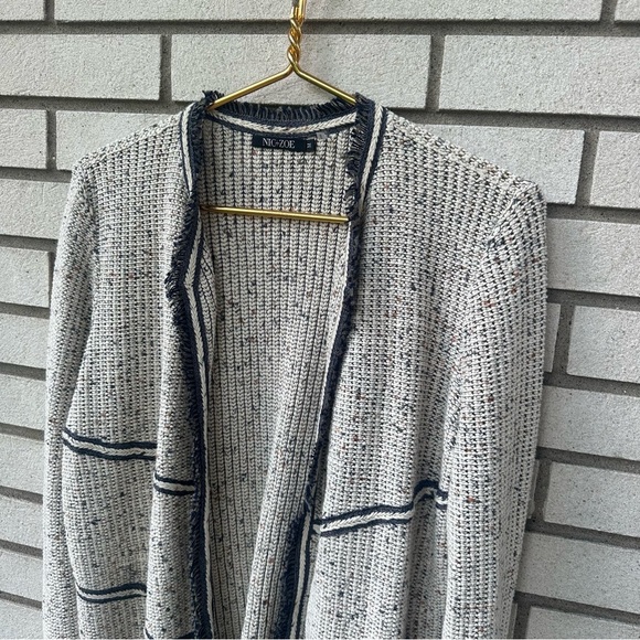 NIC+ZOE Fringe Trim Open Front Textured Knit Jacket Medium Charcoal Cream - Picture 2 of 8